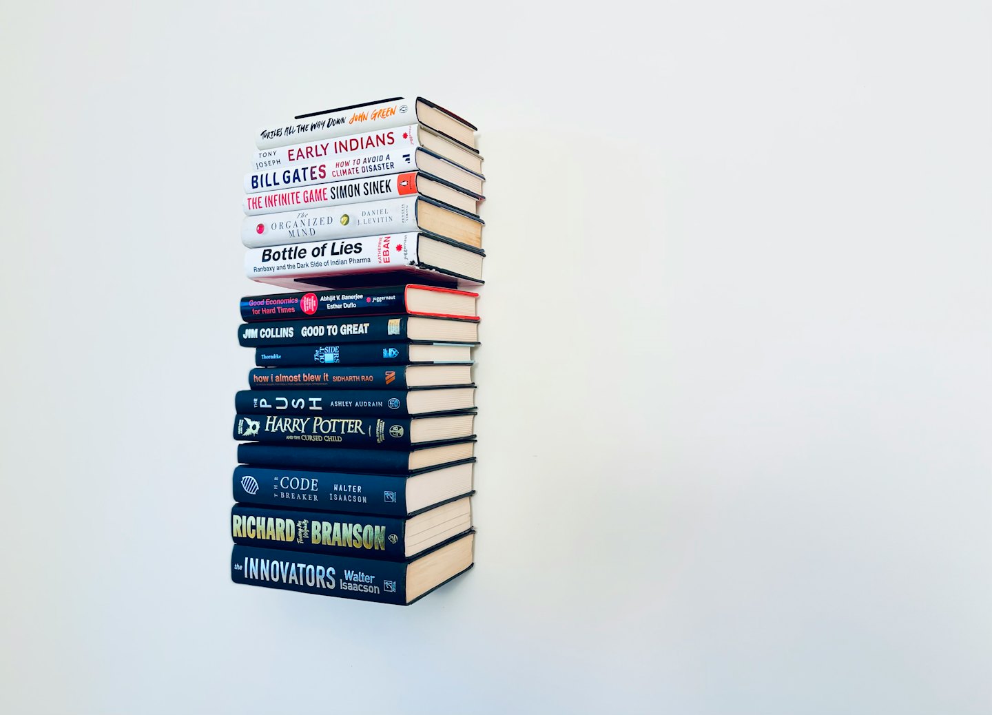 Stack of diverse books on a white background.