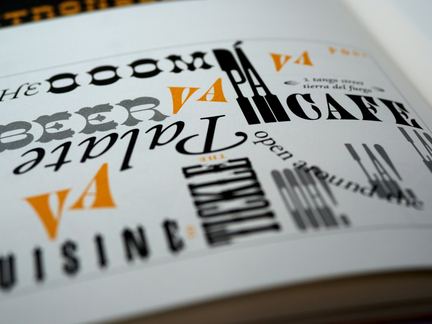 Page of a book with artistic typographic design in orange and black.